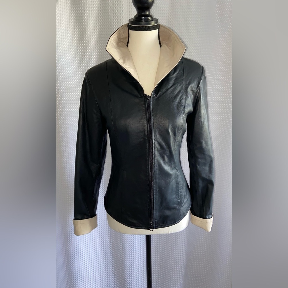 Leather Factory Firenze made in Italy Leather Jacket Sz small - beige‎ and black